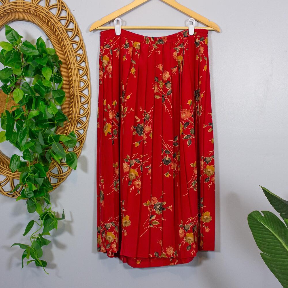 Leslie Fay Red Floral Pleated Midi Skirt Cottagecore Romantic Vtg | Dark Autumn